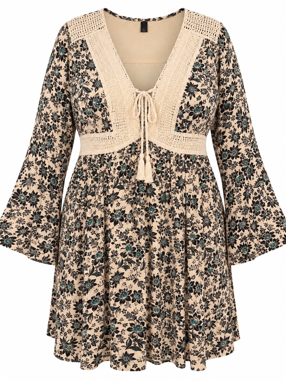 torrid Beige Floral Crochet-Trim Tie-Front Long Sleeve Dress